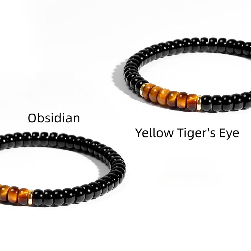 Natural Flat Disc Black Onyx & Tiger Eye Bracelet for Men - Attract Wealth & Stabilize Career, Valentine Gift for Boyfriend