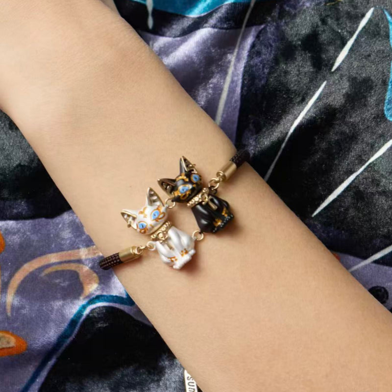 Natural Tiger Eye Stone Bracelet - Ancient Egyptian Bastet Guardian Black Cat Goddess