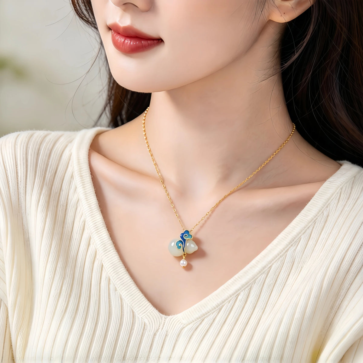 Hetian Jade Gourd & Cloud Necklace - Symbolizing Good Fortune And Peace