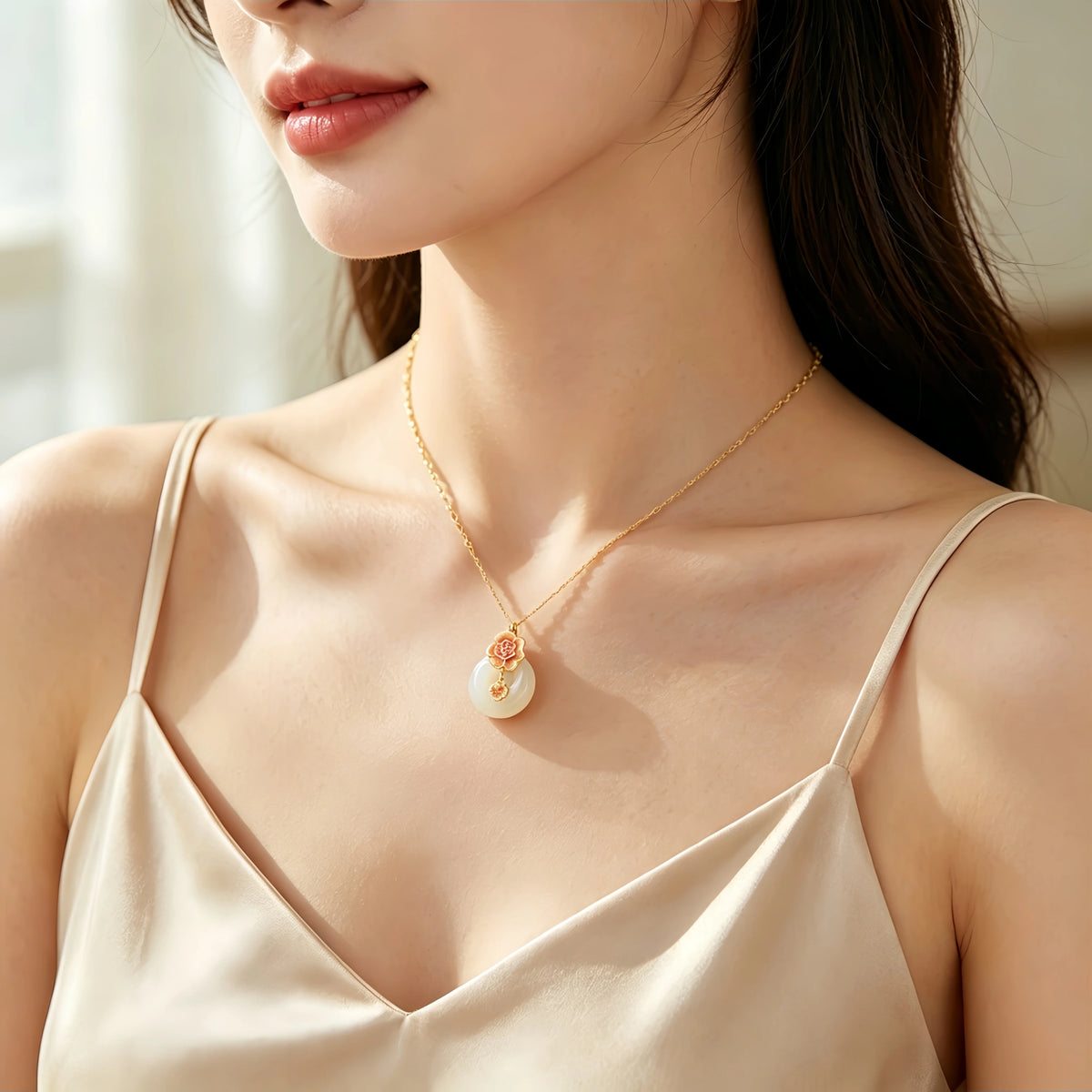 Hetian Jade Floral Donut Necklace - Peace Charm with Floral Motif