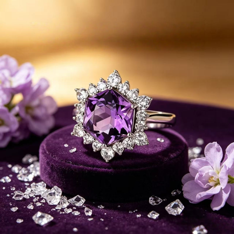 Amethyst Sunburst Halo Ring - Wear Peace, Carry Luck