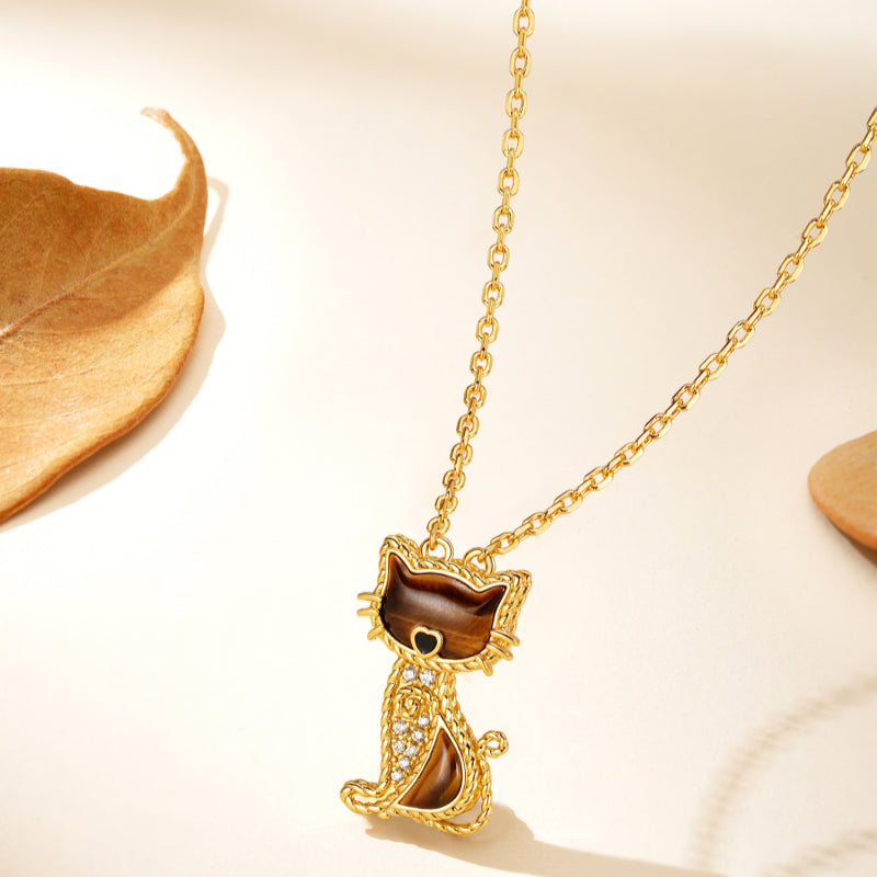Collier en pierre naturelle Œil de tigre — Chat porte-bonheur pour votre bien-aimée