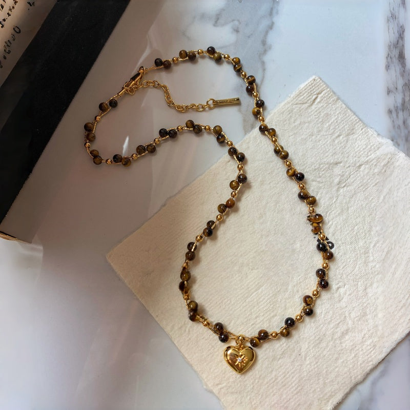 Natural Tiger Eye Stone Necklace — Spring Summer Double Layer Heart , A Gift for Your Beloved
