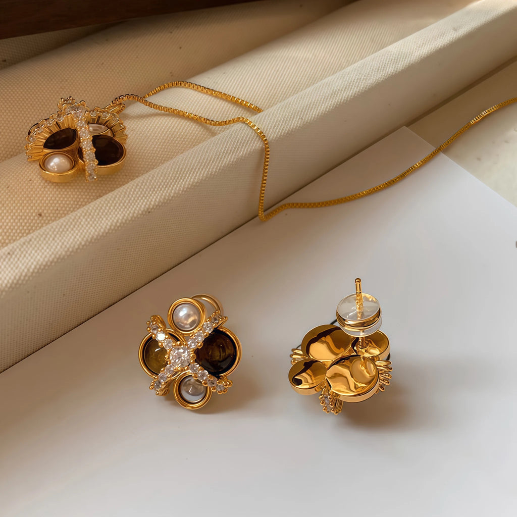 Vintage Star‑Cross Tiger's Eye Pearl Gold‑Plated Jewelry Set - Strength & Protection