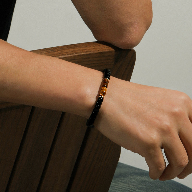 Natural Flat Disc Black Onyx & Tiger Eye Bracelet for Men - Attract Wealth & Stabilize Career, Valentine Gift for Boyfriend