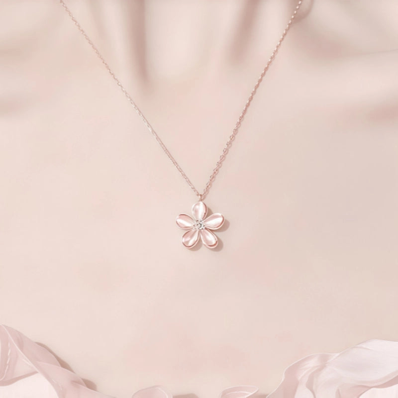 Collier Fleur de Cerisier Rose avec Chaîne de Clavicule Premium en Argent Pur Rotative