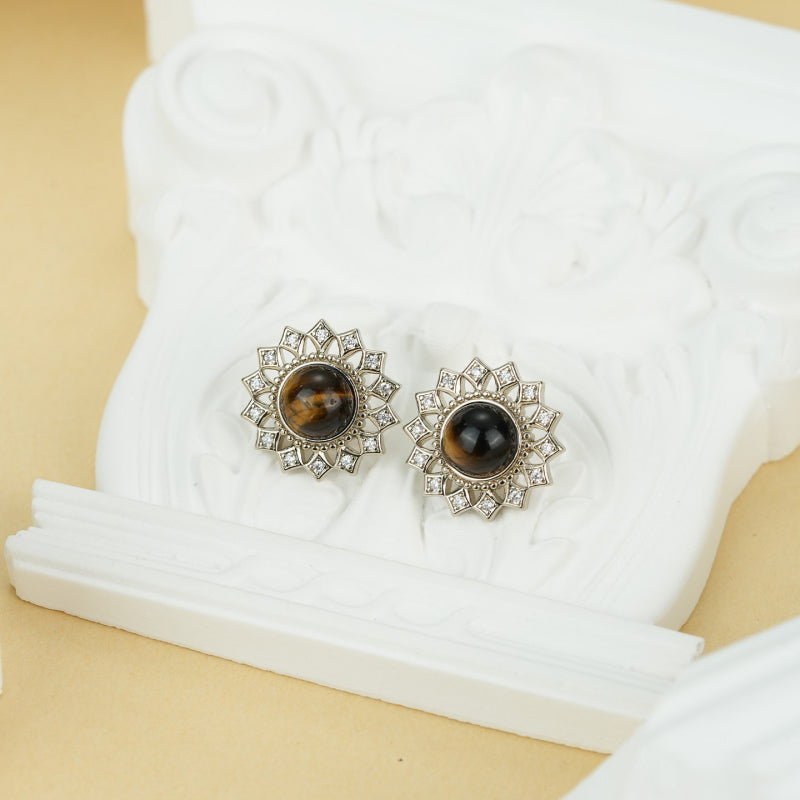 Sunflower Tiger Eye Stud Earrings — Niche Retro Crystal for Fortune & Success