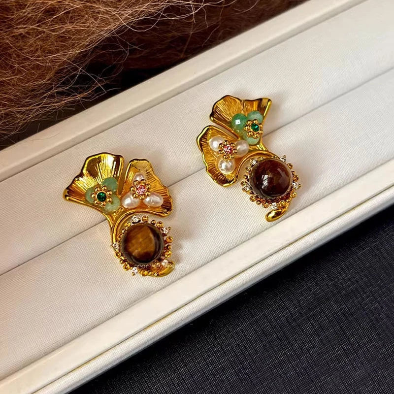 Boucles d'oreilles Œil de Tigre naturel, Lumina Tigeris Maillard Fleur Dorée, Cadeau Femme