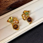 Boucles d'oreilles Œil de Tigre naturel, Lumina Tigeris Maillard Fleur Dorée, Cadeau Femme