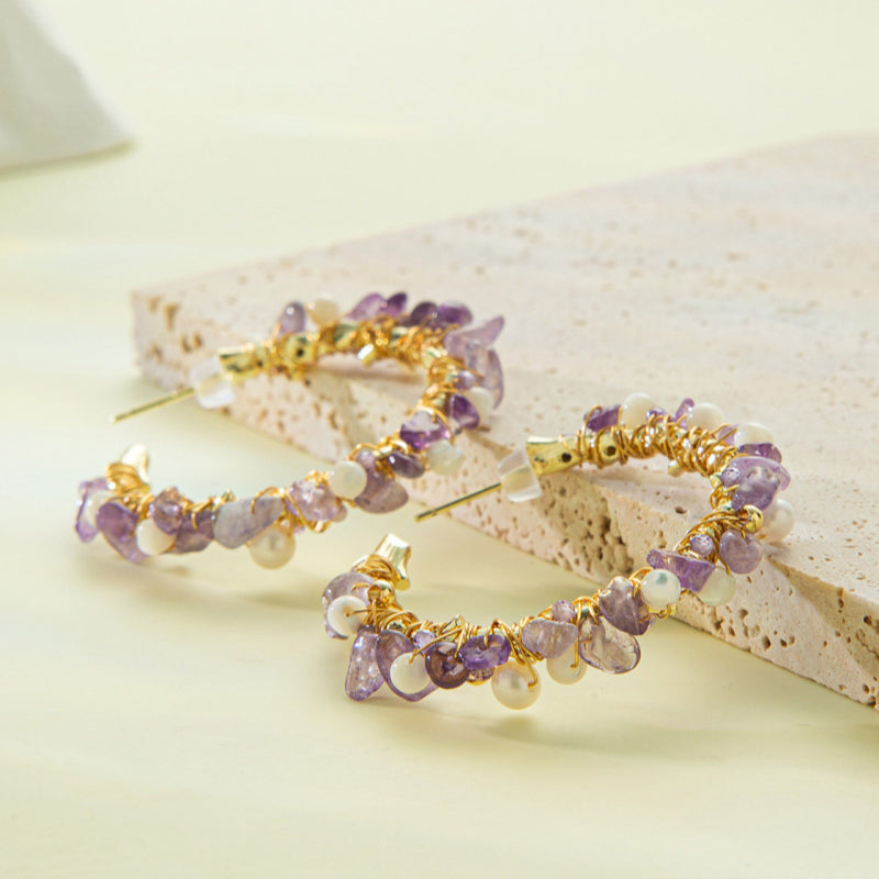 Natural Amethyst & Pearl Necklace/Earrings Jewelry Set - Gentle Emotional Healing