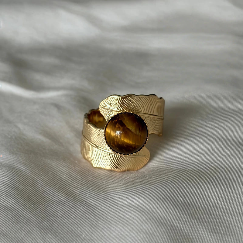Natural Tiger Eye Stone Ring, Retro French Feather Antique Style Ring