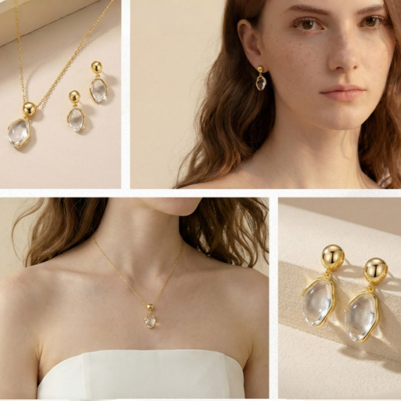 Natural Clear Quartz Gold Necklace & Earrings - Balance Your Energy