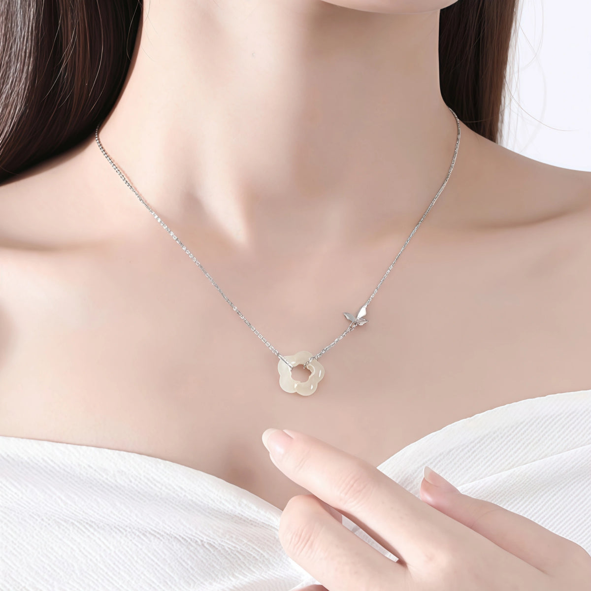 Butterfly Charm Hetian Jade Plum Blossom Necklace - Resilience & Safety