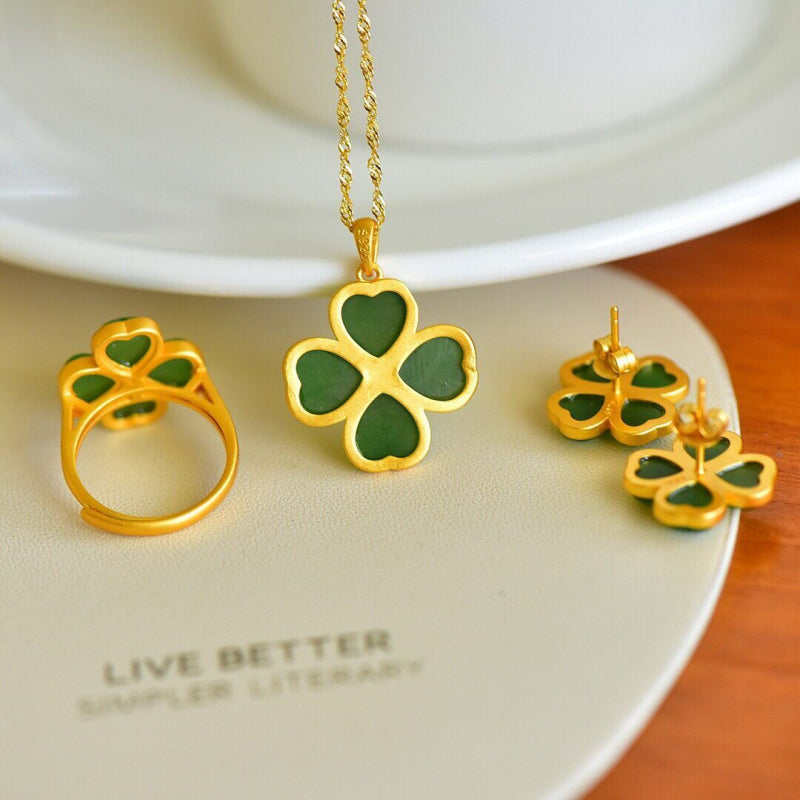 Four‑Leaf Clover Hetian Jade Necklace Earrings Ring Jewelry Set - Good Fortune & Beauty