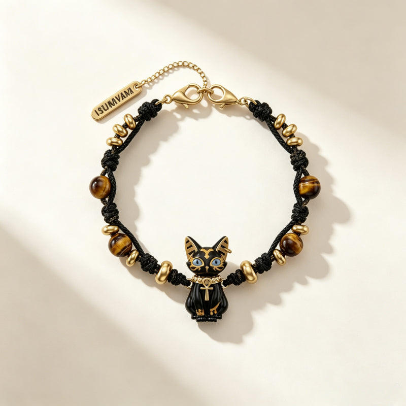Natural Tiger Eye Stone Bracelet — Ancient Egyptian Bastet Guardian Black Cat Goddess