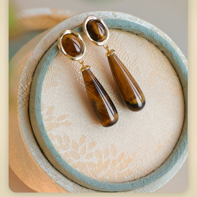 Boucles d'oreilles goutte d'eau œil de tigre naturel — attire la richesse et protège