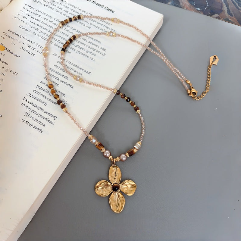Natural Tiger Eye Stone Necklace, Lucky Four-Leaf Clover Long Sweater
