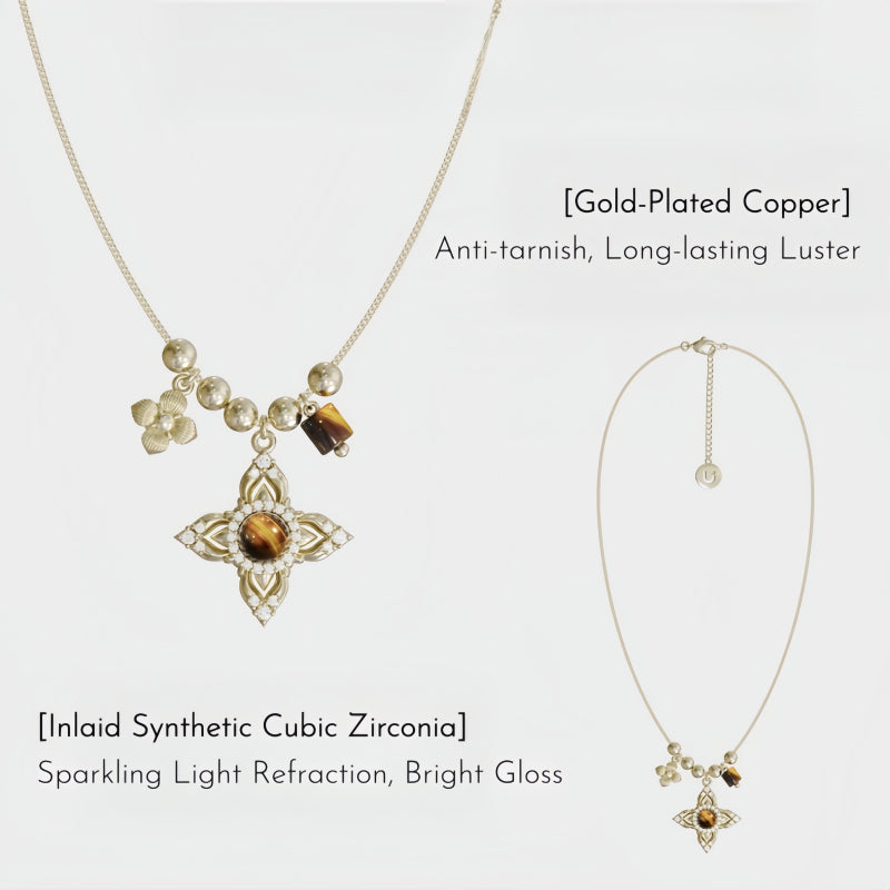 Tiger Eye Stone Necklace for Women, Niche Vintage Four-Pointed Star Choker