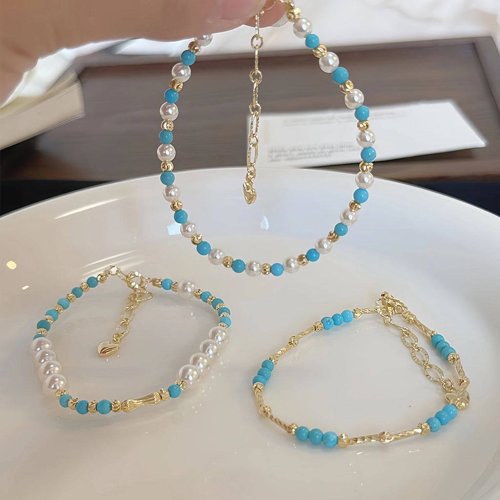Natural Turquoise & Pearl Stackable Bracelet - Ease Stress & Vintage Elegant Vibe