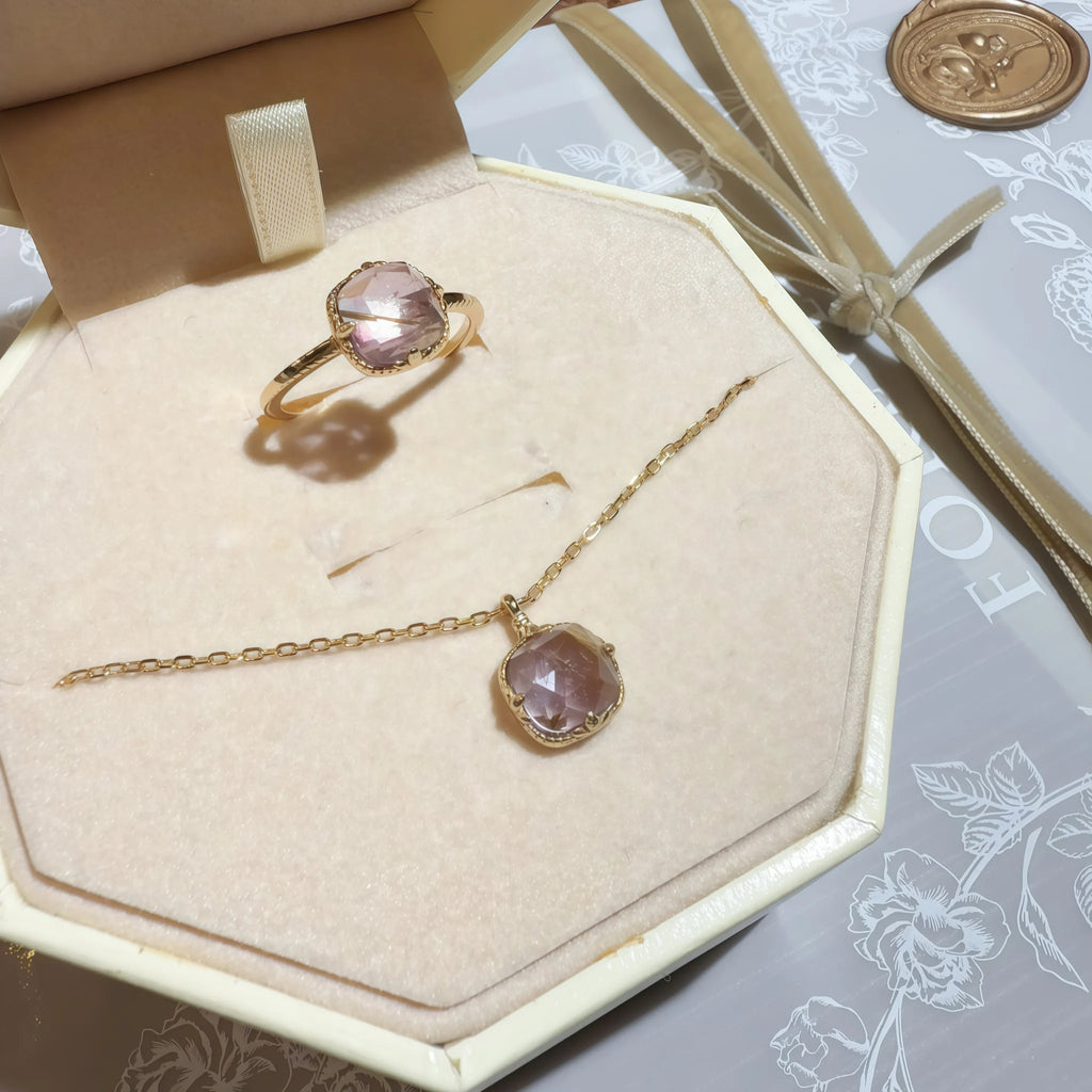 Faceted Square Rutilated Quartz & Amethyst Rose Gold Gift Box Set - Strengthen Personal Aura