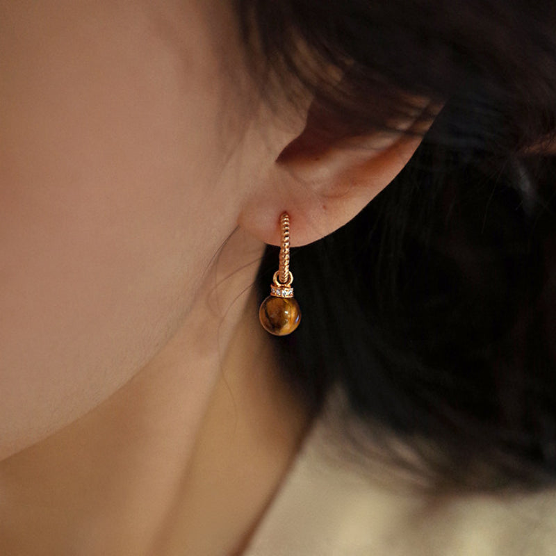 C-Shape Tiger Eye Two-Wear Earrings, Niche Vintage Maillard Crystal Jewelry for Wealth