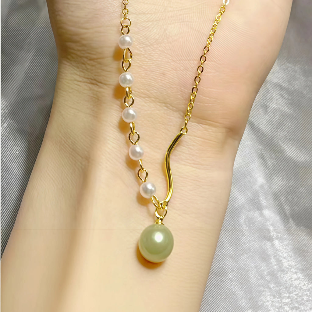 Asymmetrical Chain Hetian Jade and Pearl Necklace - Perfection & Serenity