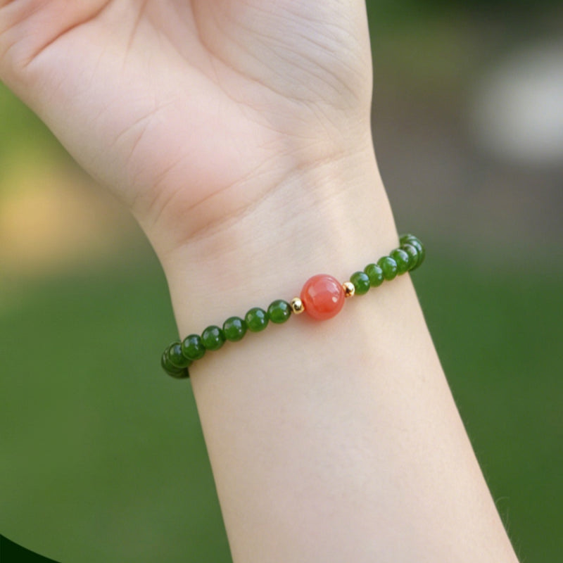 Hetian Green Jade & Ice Floating Southern Red Agate Bracelet – Soothes Emotions