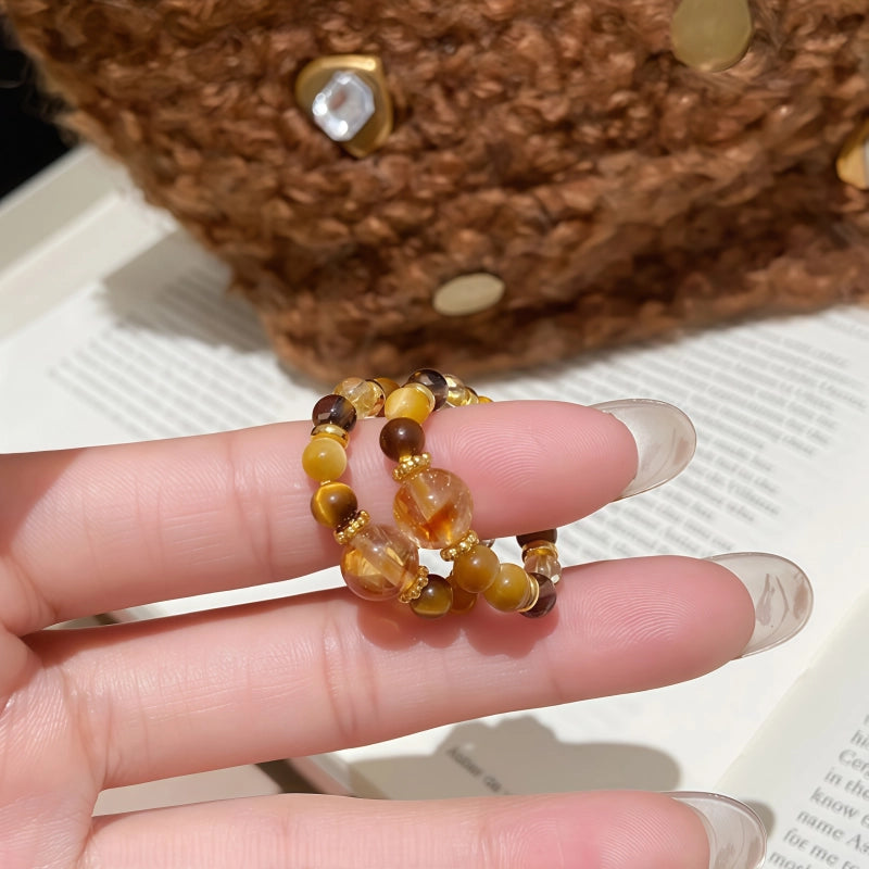 Natural Tiger Eye Stone Ring for Wealth Transfer and Crystal Bead Ring