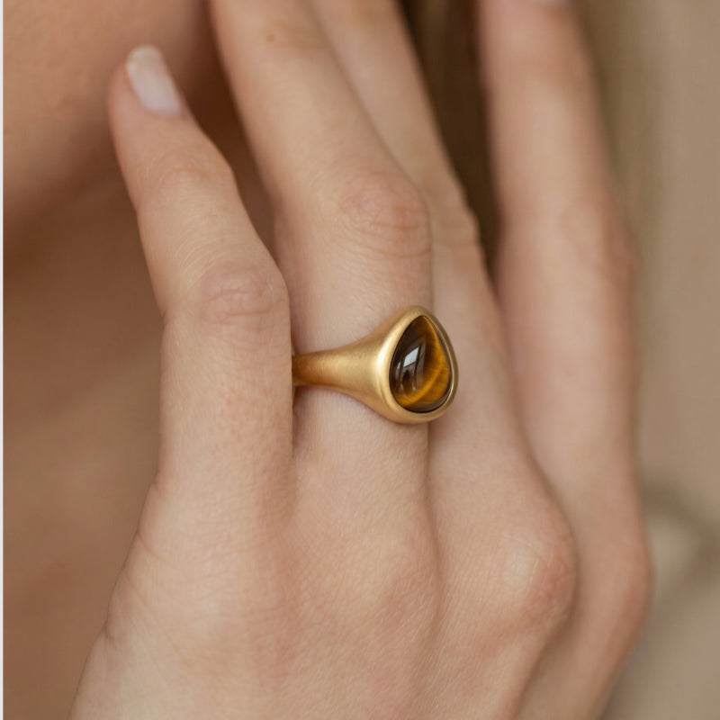 Tiger's Eye Teardrop Gold Ring - Attract Wealth, Block Negative Energy & Boost Confidence