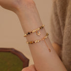 Tiger Eye & Shell Bead Bracelet for Women, Adjustable Extension Chain with Leaf Pendant