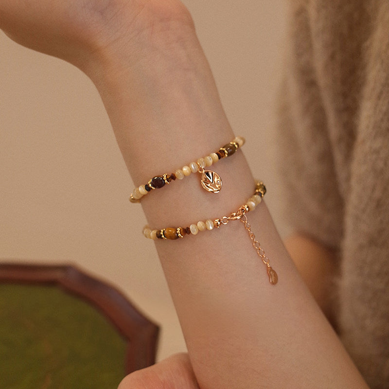 Tiger Eye & Shell Bead Bracelet for Women, Adjustable Extension Chain with Leaf Pendant