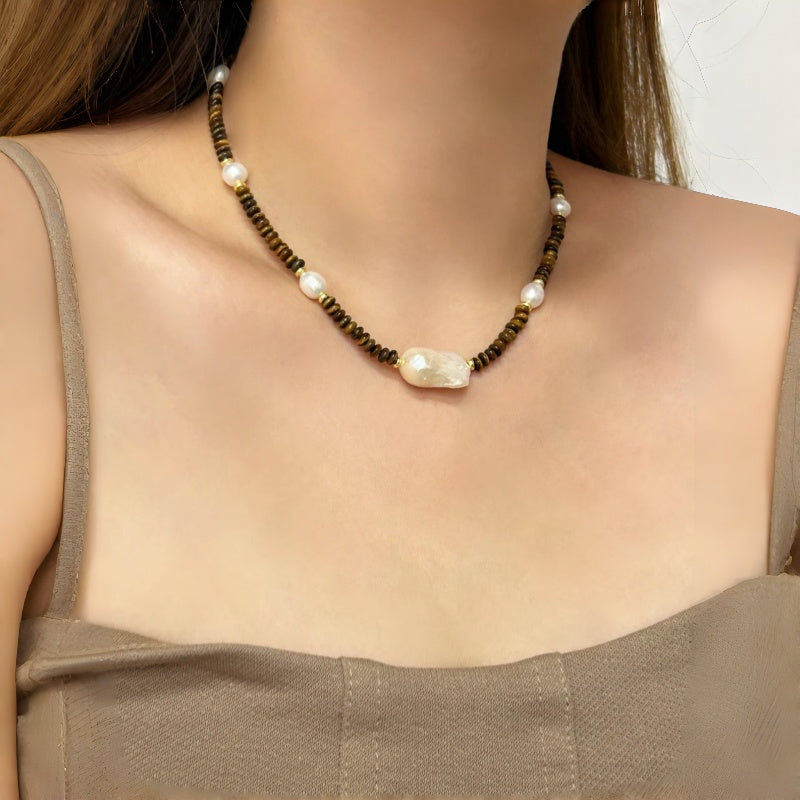 Irregular Baroque Pearl Natural Tiger Eye Stone Necklace — Gift for Mom