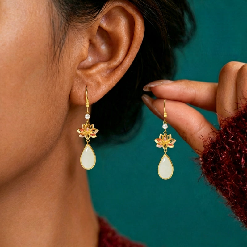 Natural Hetian Jade Lotus Earrings - Calm & Inner Peace