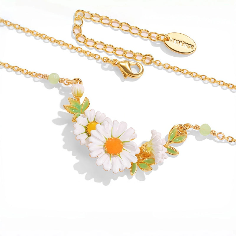 Enamel Daisy Flower Leaf Necklace - Embrace Constant Warmth