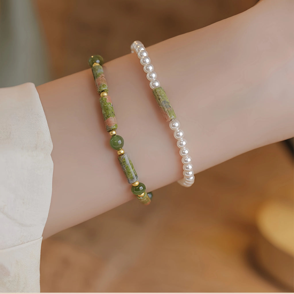 Unakite & Pearl Stackable Bracelet - Gentle Restorative Vibes