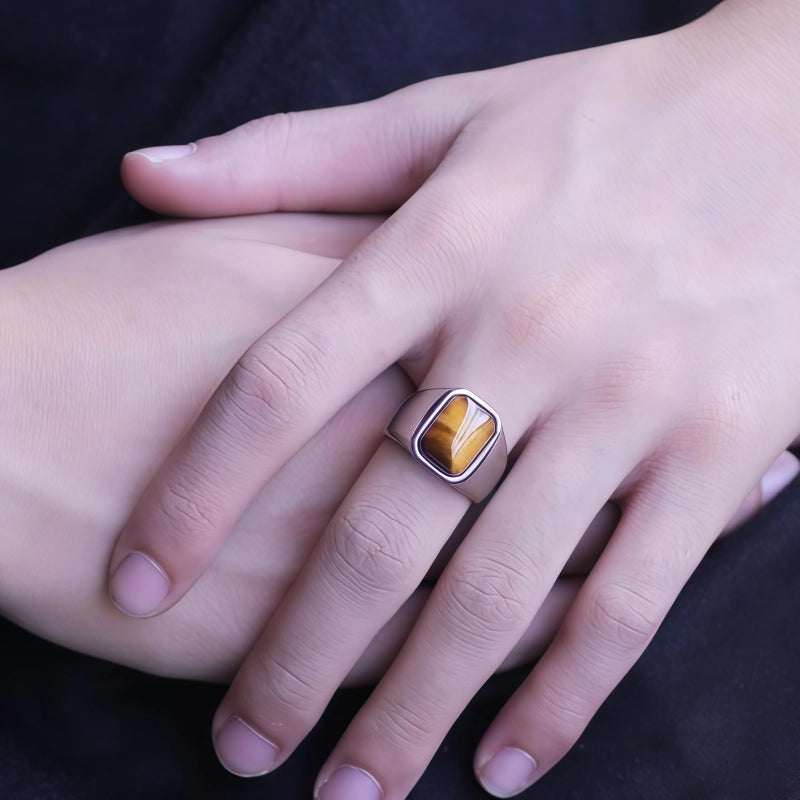 Natural Tiger Eye Stone Ring, Retro Men's Gemstone Ring