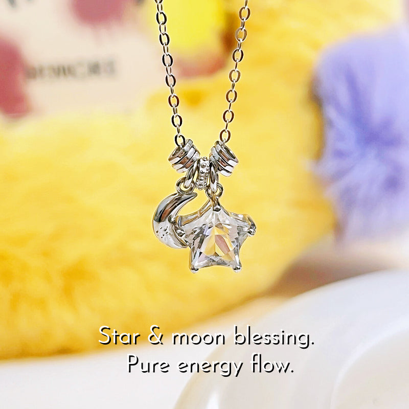 Moon&Star Natural Citrine/Clear Quartz Necklace - Attracts Wealth, Purifies Aura