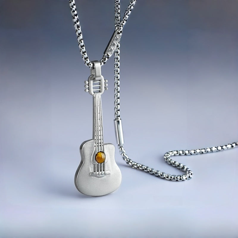 Natural Tiger Eye Stone Necklace — Personalized Guitar Pendant for Boyfriend