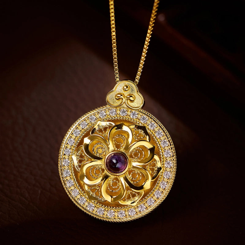 Golden Lotus with Amethyst Necklace - Rebirth & Renewal