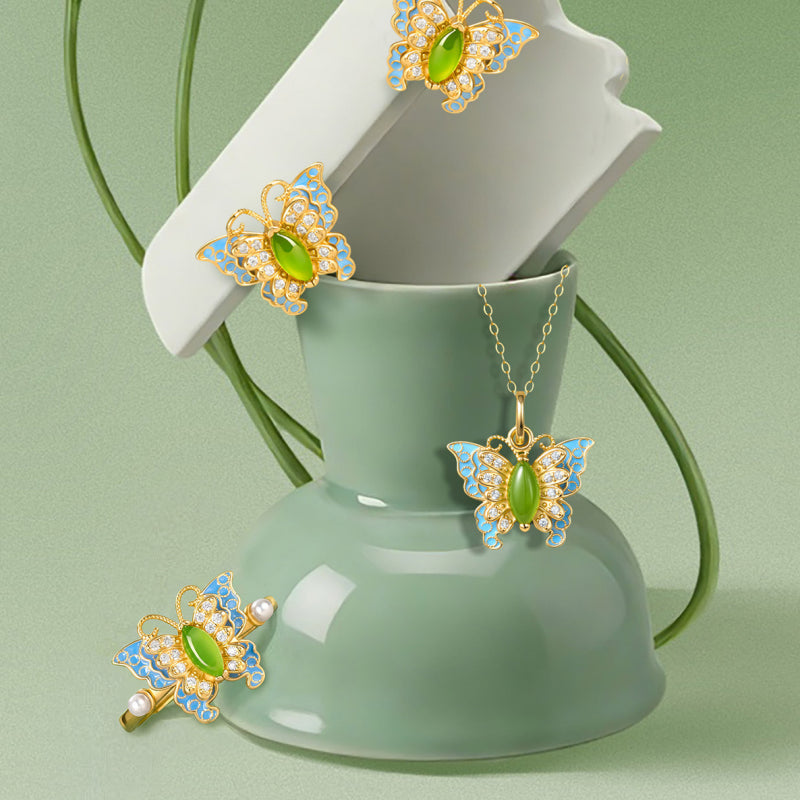 Hetian Jade Butterfly Necklace Ring Earrings Jewelry Set - stands for purity