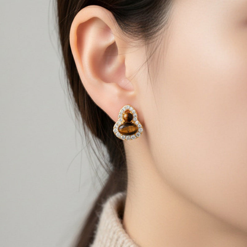 Boucles d'oreilles et bague en œil de tigre doré Maillard en forme de calebasse — Bijoux porte-bonheur en cristal