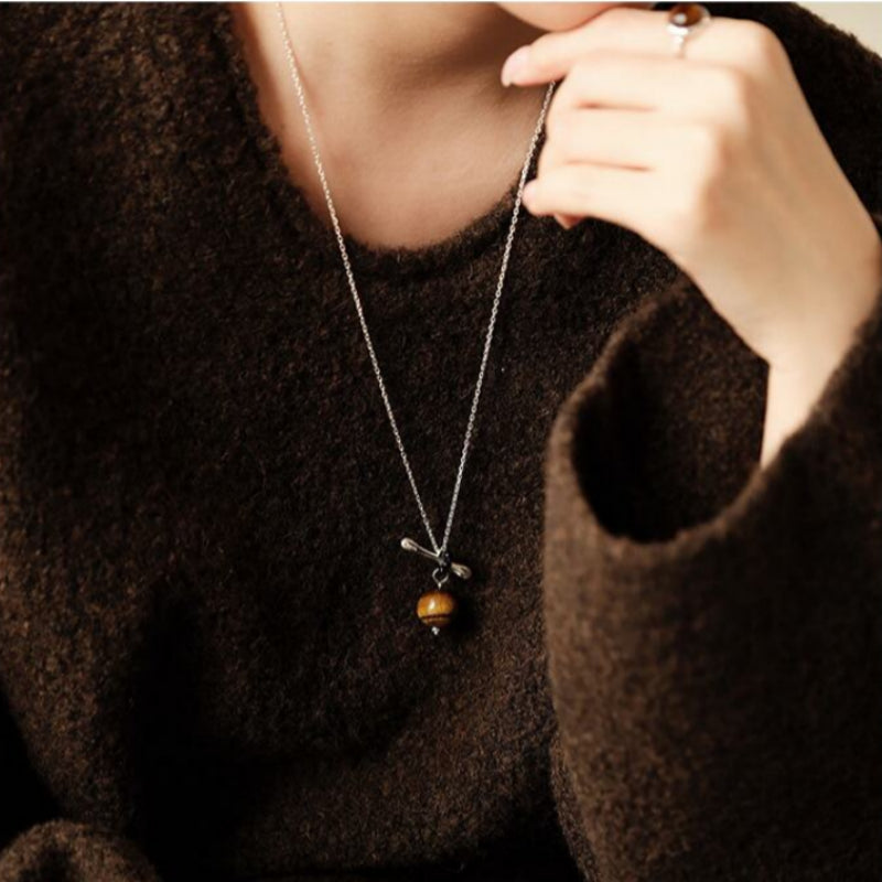 Natural Tiger Eye Stone Necklace, Floating Planet - Steady Career & Prosperous Life