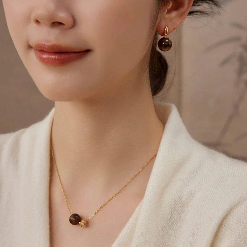 Boucles d'oreilles Œil de Tigre Naturel, Style Minimaliste Vintage - Attire la Richesse