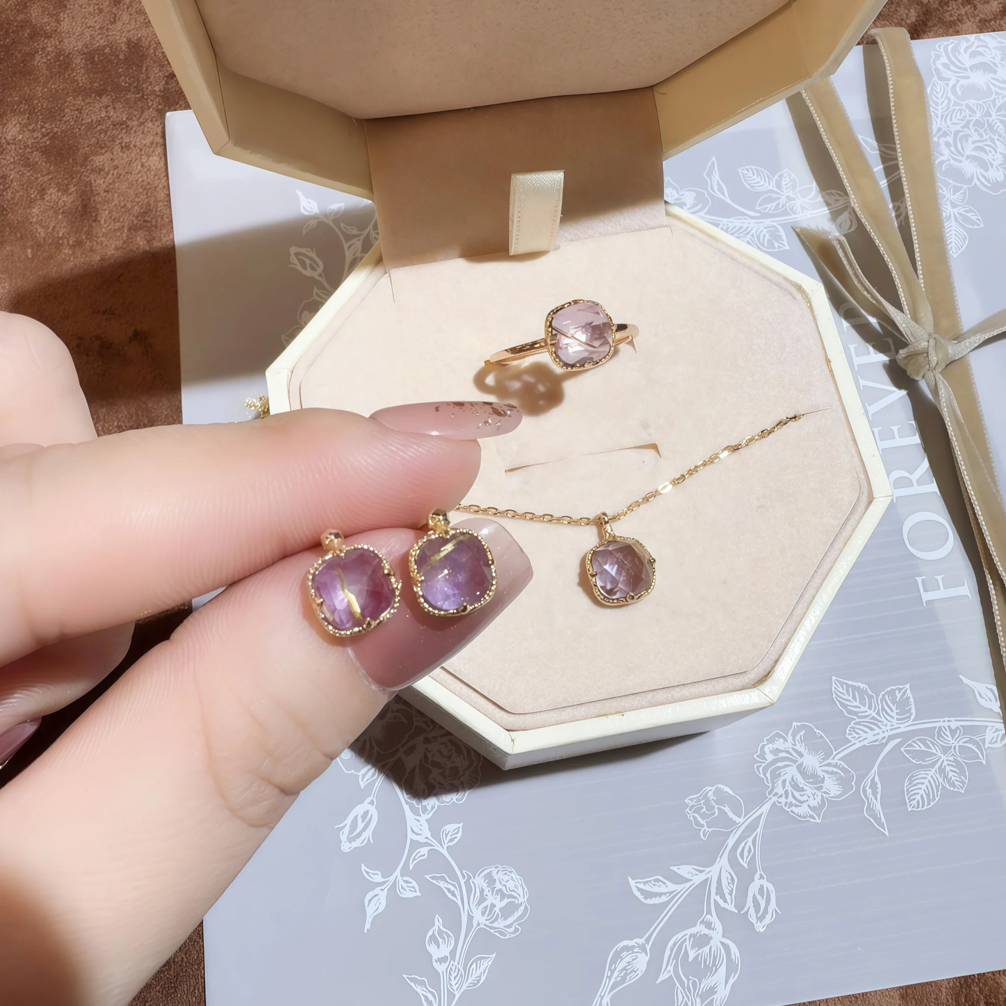 Faceted Square Rutilated Quartz & Amethyst Rose Gold Gift Box Set - Strengthen Personal Aura