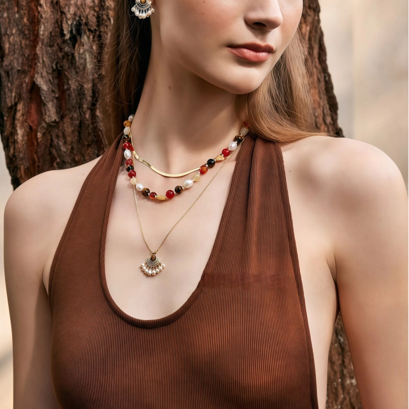 Collier en pierre œil de tigre naturelle Pendentif perle queue de paon - Succès professionnel