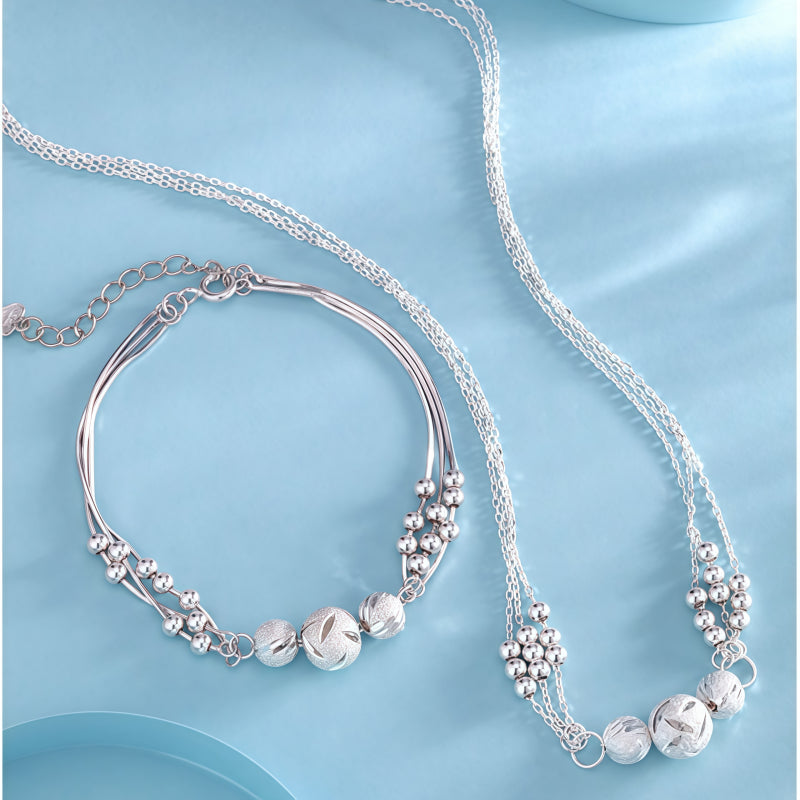 Ornate Carved S999 Ball Necklace/Bracelet/Earrings Jewelry Set, Gift for Friends