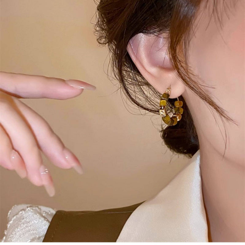 Natural Tiger Eye Earrings, Maillard Square Beads, Resolve Loop - Wealth Attract