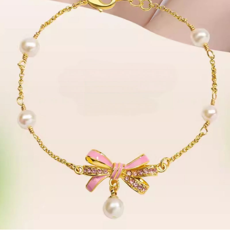 Bow‑knot Necklace Bracelet Ring Earrings Jewelry Set - Sweet Feminine Style