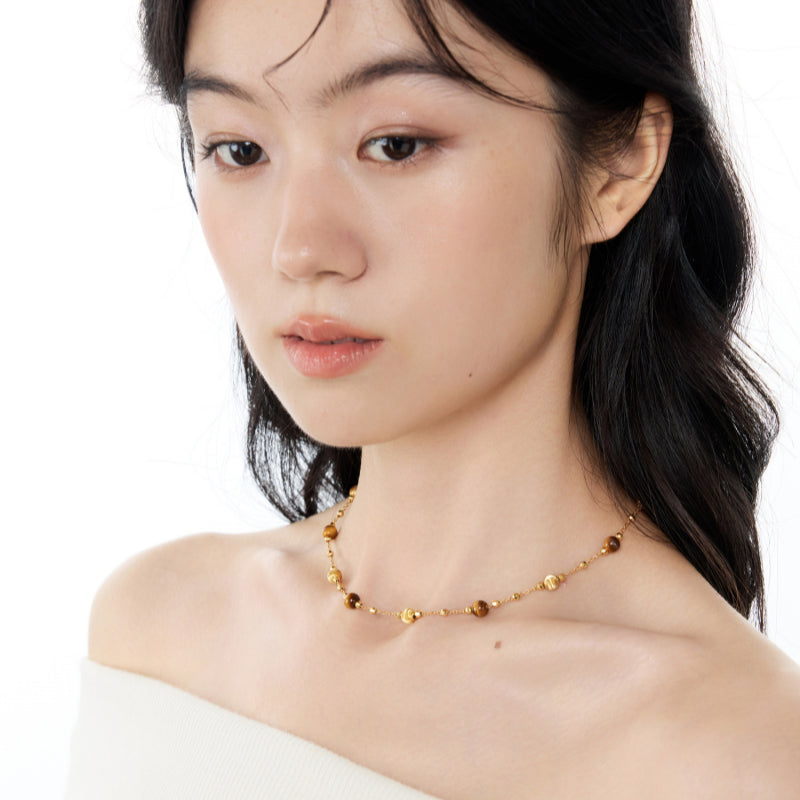 Natural Tiger Eye Stone Necklace, Maillard Starry Sky Choker Necklace