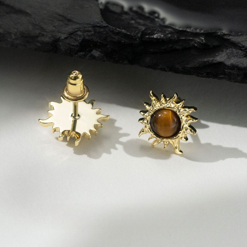 Unisex Sun Tiger Eye Stud Earrings — Unisex Niche Crystal for Fortune & Positive Energy